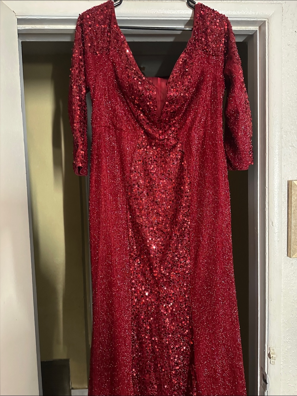 SHEIN Red Sequined Long Sleeve Cowl Neck Evening Dress